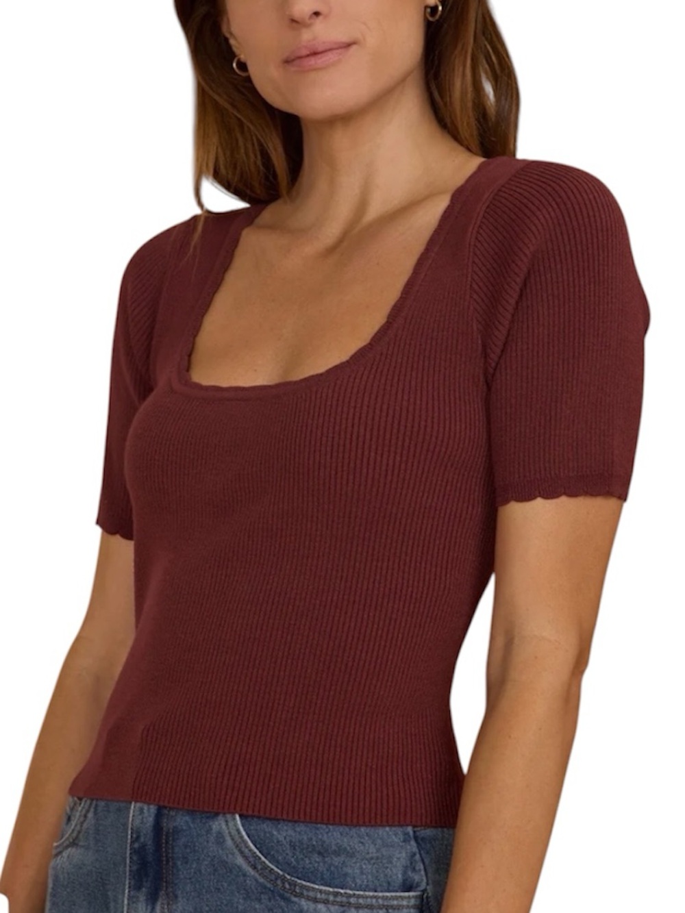 Rylee + Cru Scallop Ribbed Knit Pointelle Tee